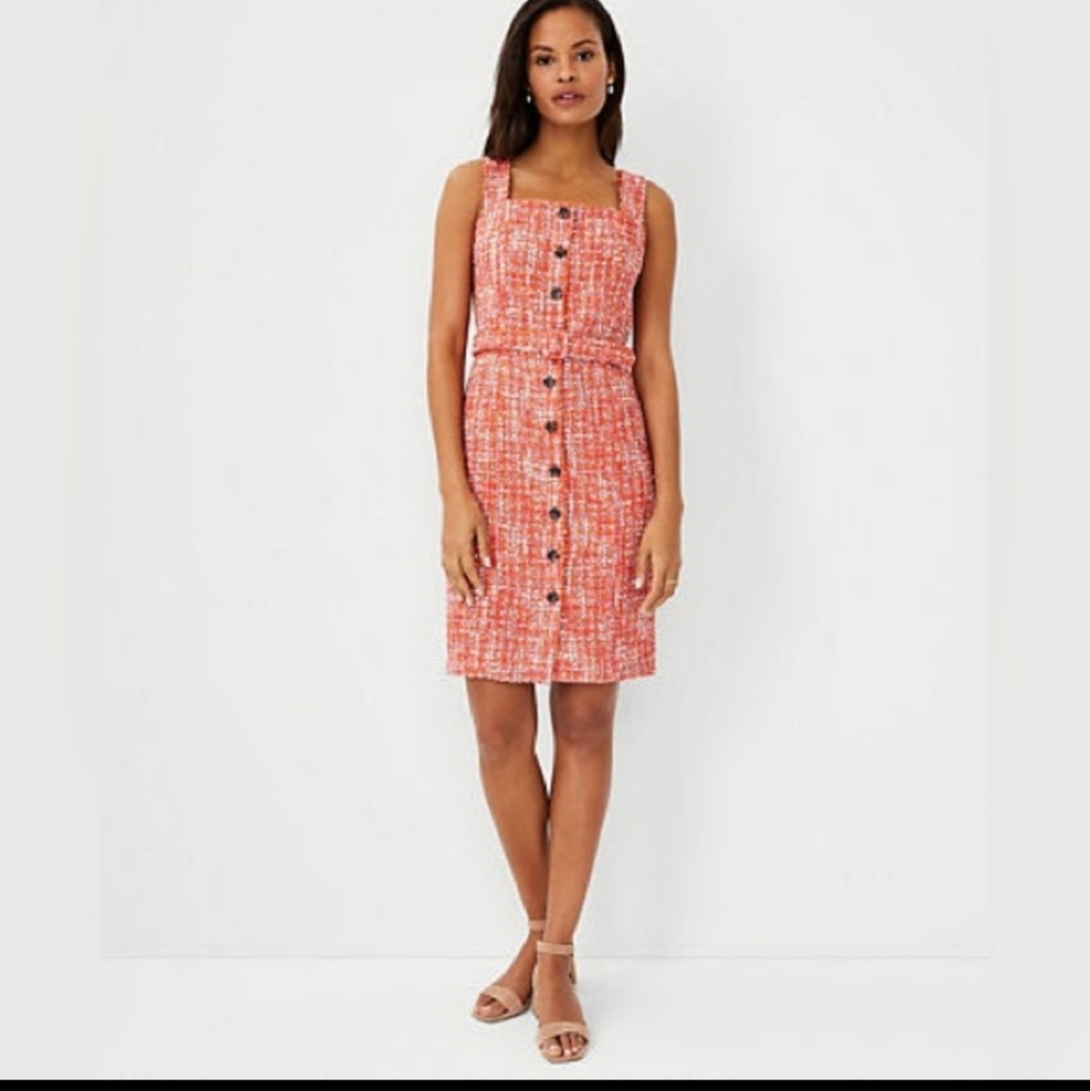 Ann Taylor Orange Tweed Button Sheath Dress Jumper Knee Length, Size 2